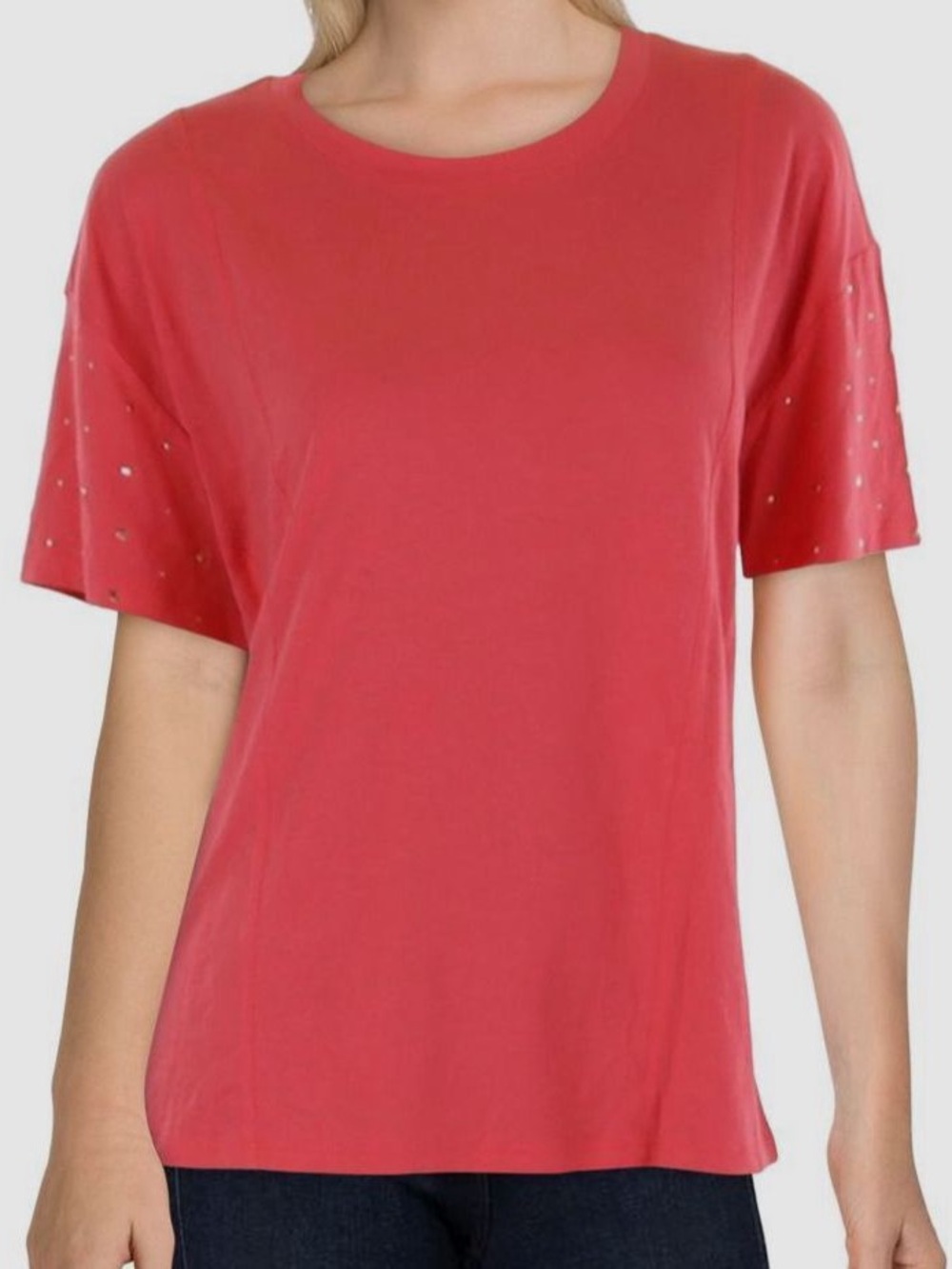 DKNY Coral Red Short-Sleeve Tee with Eyelet Sleeves
